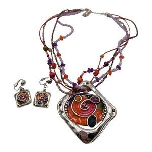 Boho Colorful Beaded Necklace & Earrings Set With Abstract Pendant Demi Parure